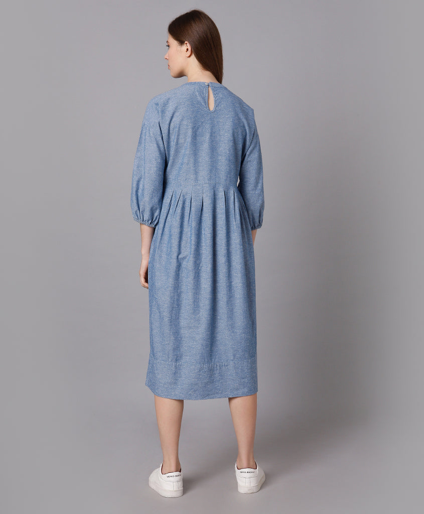 Waist Pleated Button Dress, Denim main image 1