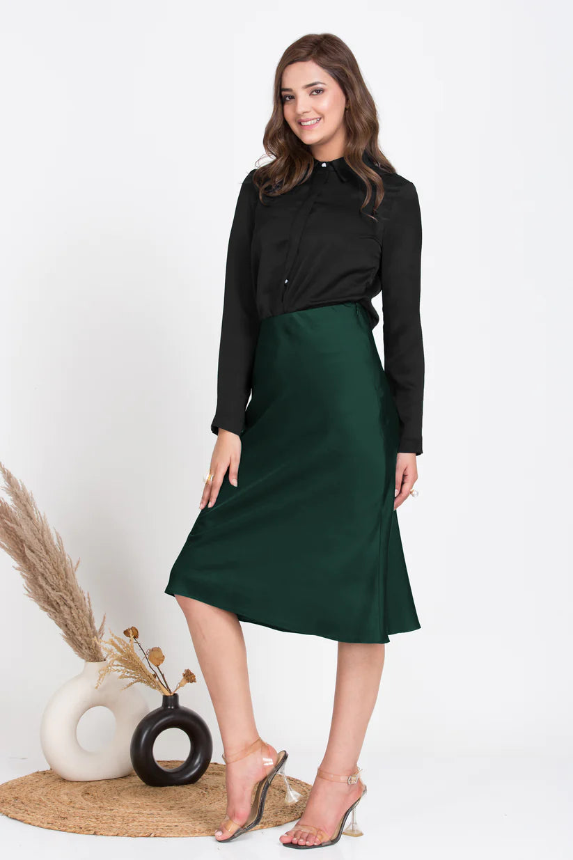 Office Ladies Bottle green Midi satin skirt The Ambition Collective