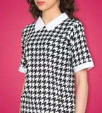 Women's Houndstooth Print Contrast Collar Short Sleeve Bodycon Mini Dress