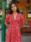 Classic V-neck Women's Red Printed dress
