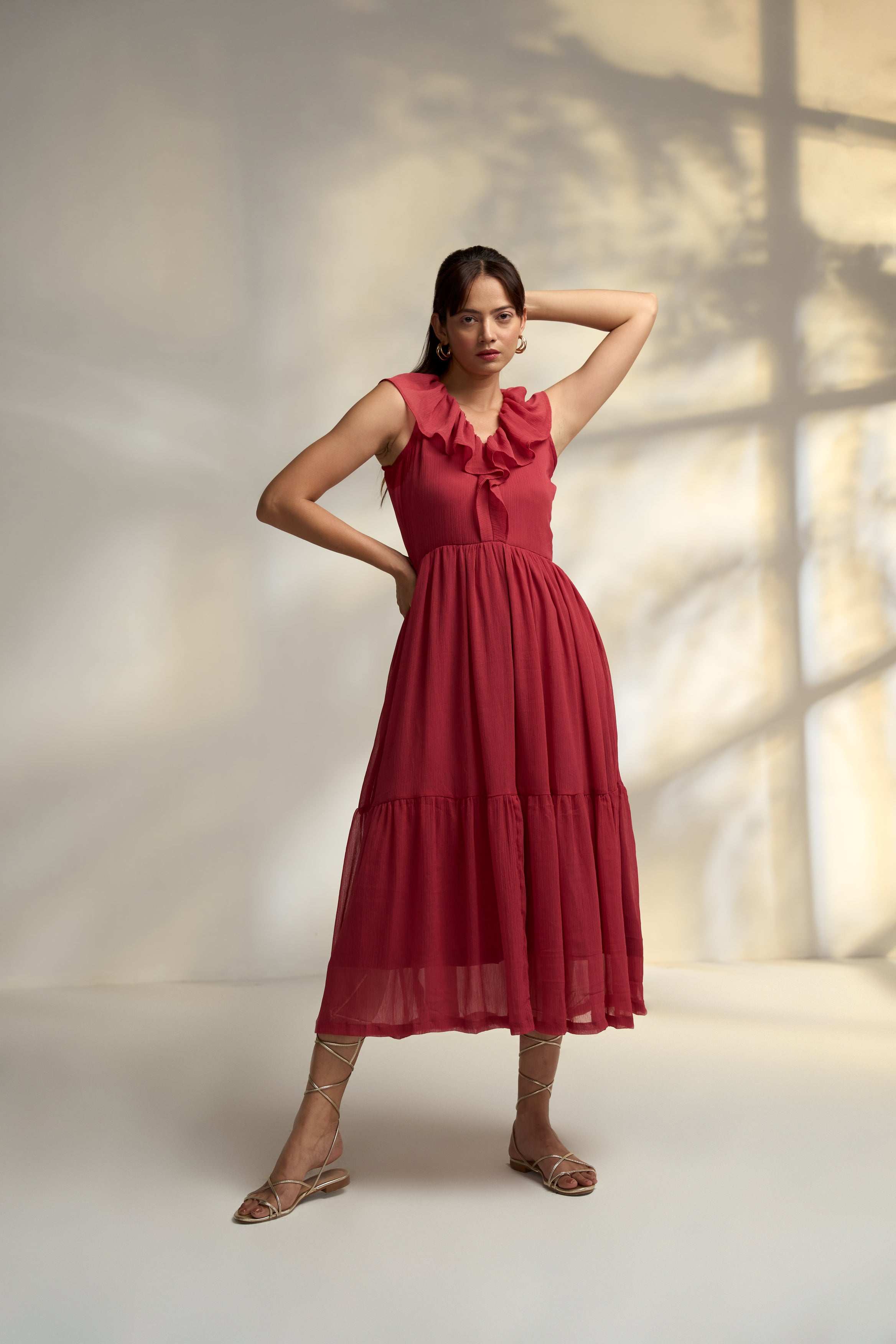 Women's Red Georgette V-neck Midi Dress – The Ambition Collective