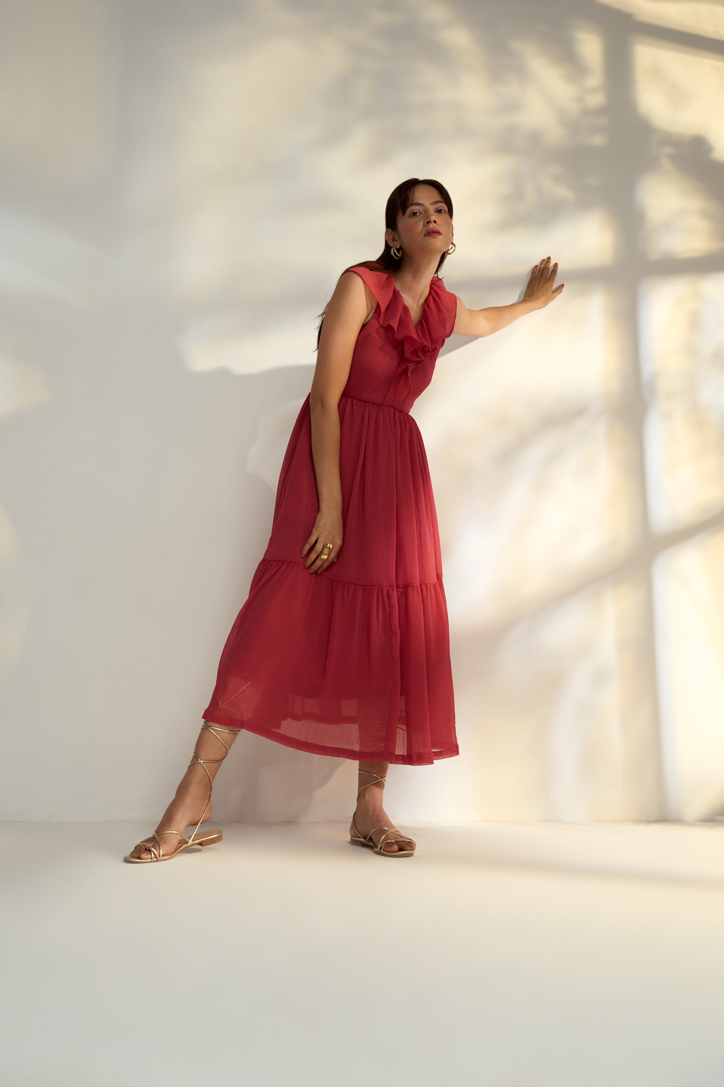 V neck georgette midi dress hotsell