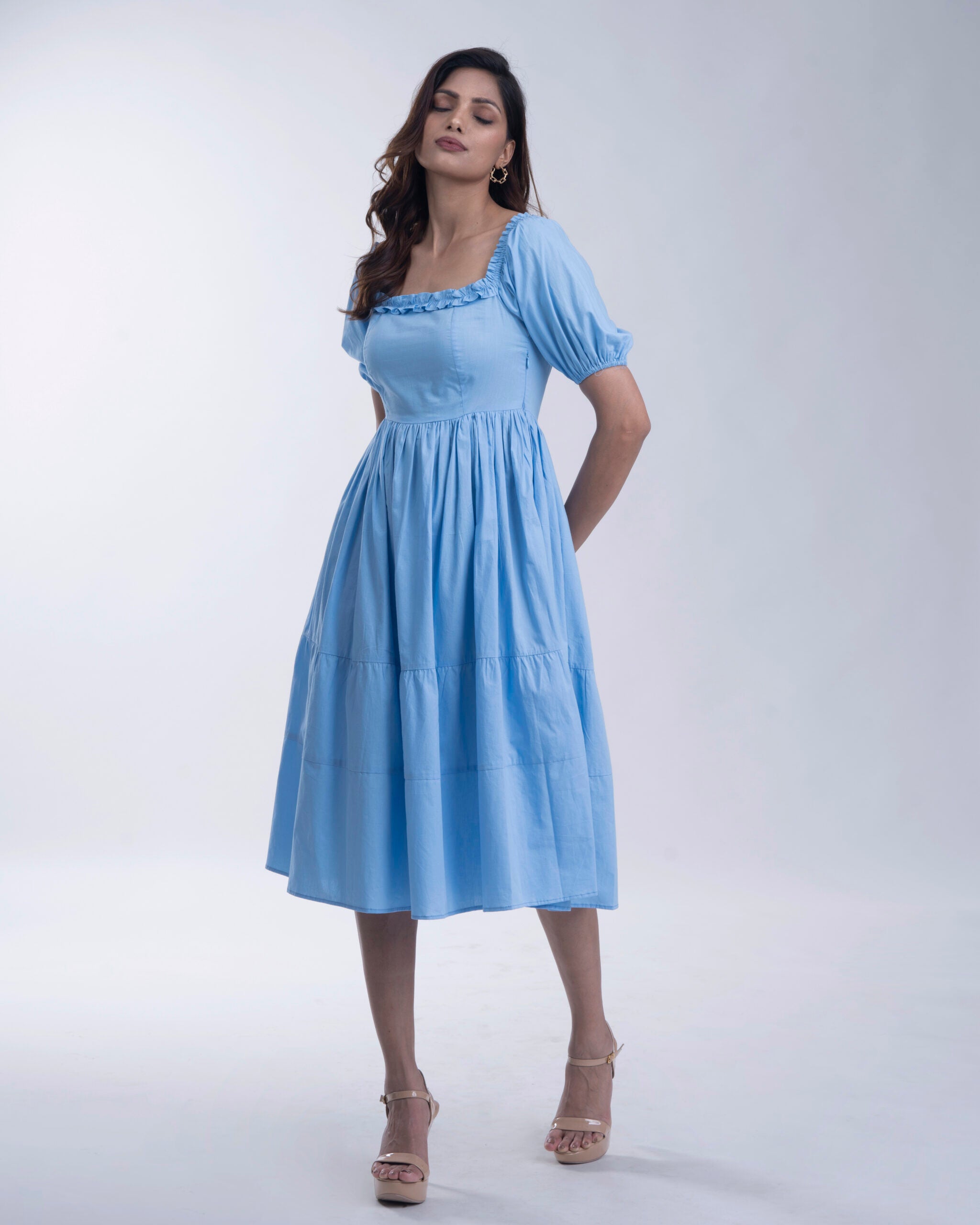 Women's Knee length 100% cotton Blue dress