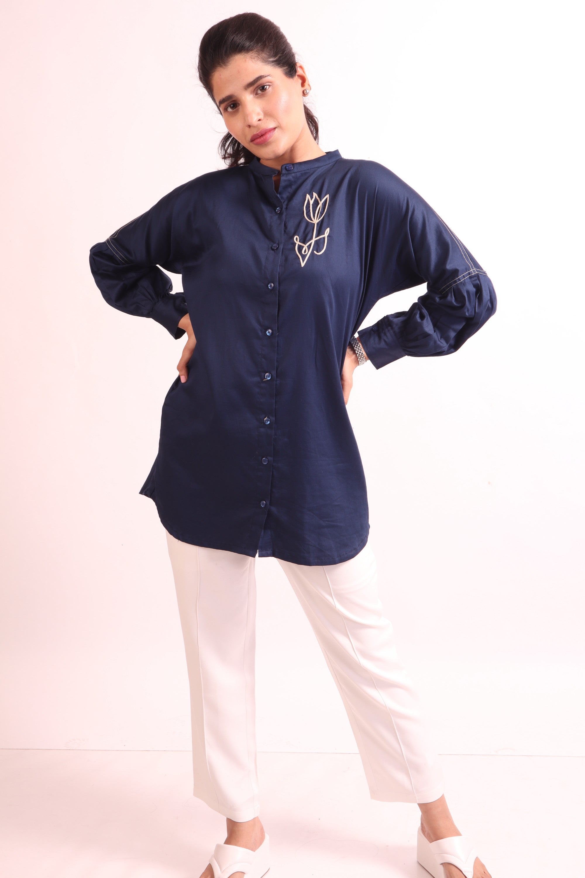 Women s Formal Officewear Pure Cotton Royal blue long shirt Dress The Ambition Collective