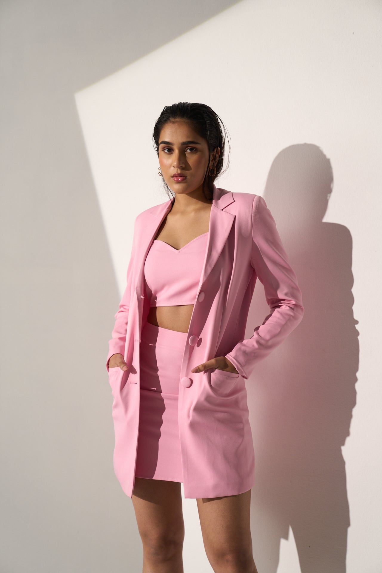 Formal Pink Blazer with skirt and top Co ord set for Women