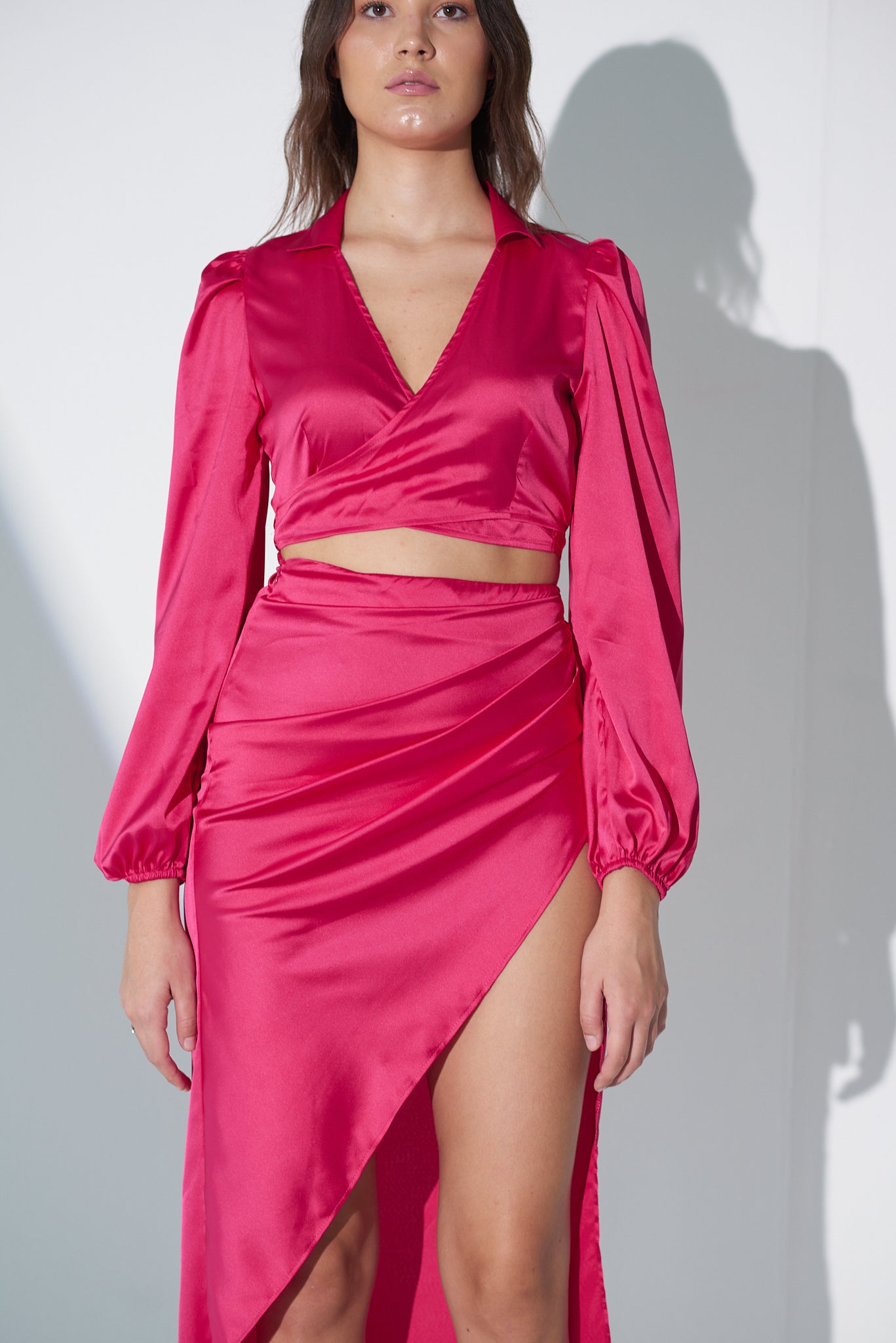 Ladies Hot pink satin pleated skirt - Main Image