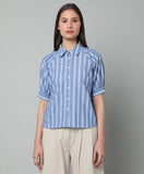 White and Blue Striped Cotton Shirt with raglan sleeves