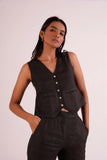 Relaxed fit V-neck Linen Women's Crop Top- Black