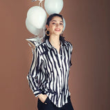 Satin Black & White Abstract Printed Easy Fit Women's Shirt