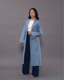 Blue Denim Coat: Notched Lapel Trench And Pant Set For Women