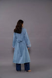 Blue Denim Coat: Notched Lapel Trench And Pant Set For Women