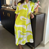 Lime Green & White Abstract Print Shirt Dress