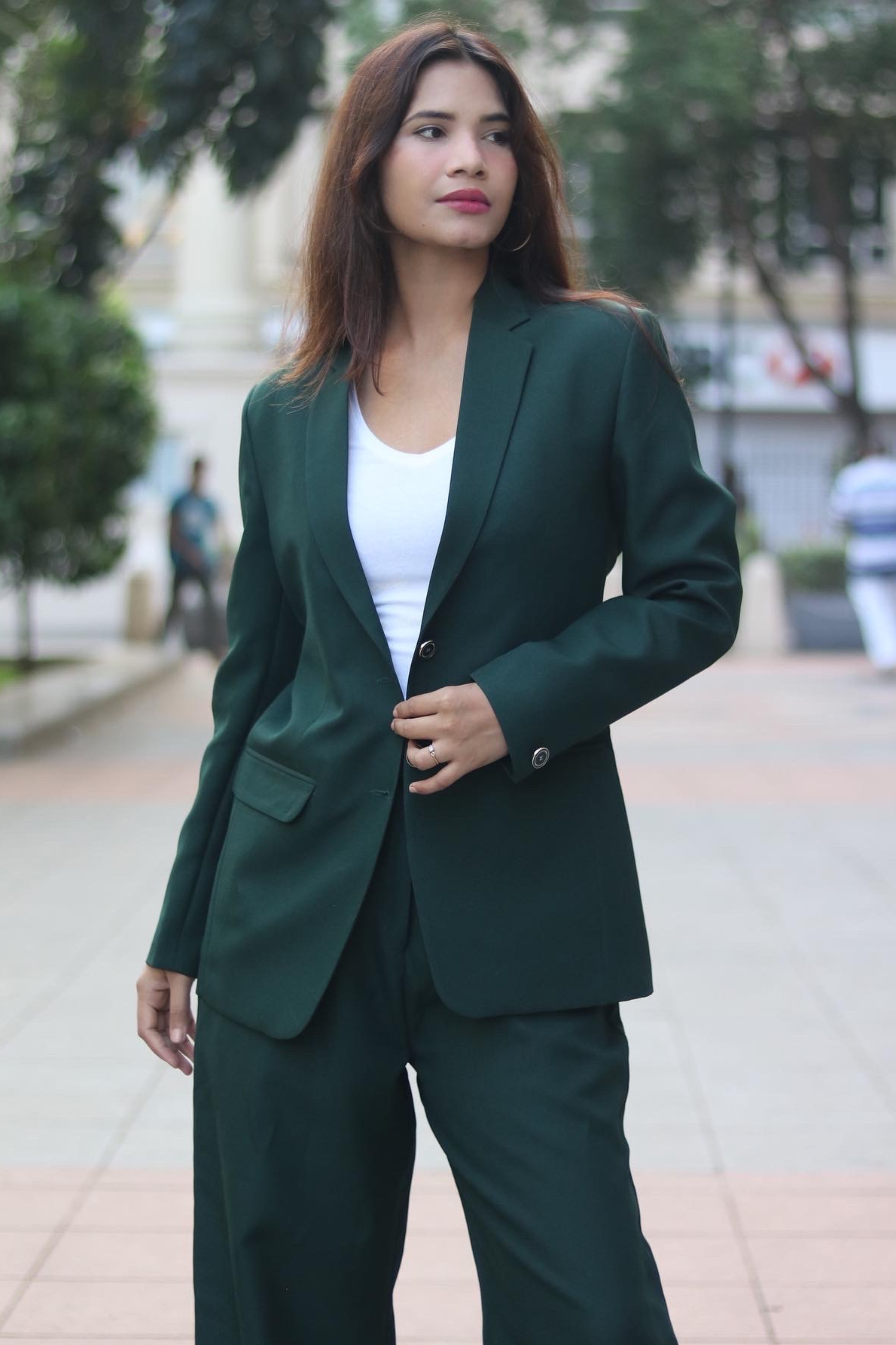 Relaxed Fit Wide Leg Trouser and Blazer Women's Pant Suit Set Emerald Green