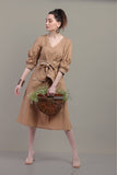 Beige Office Work Midi Full Sleeves Dress