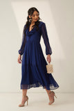 Blue Elegant Sheet Full Sleeves V-Neck Dress