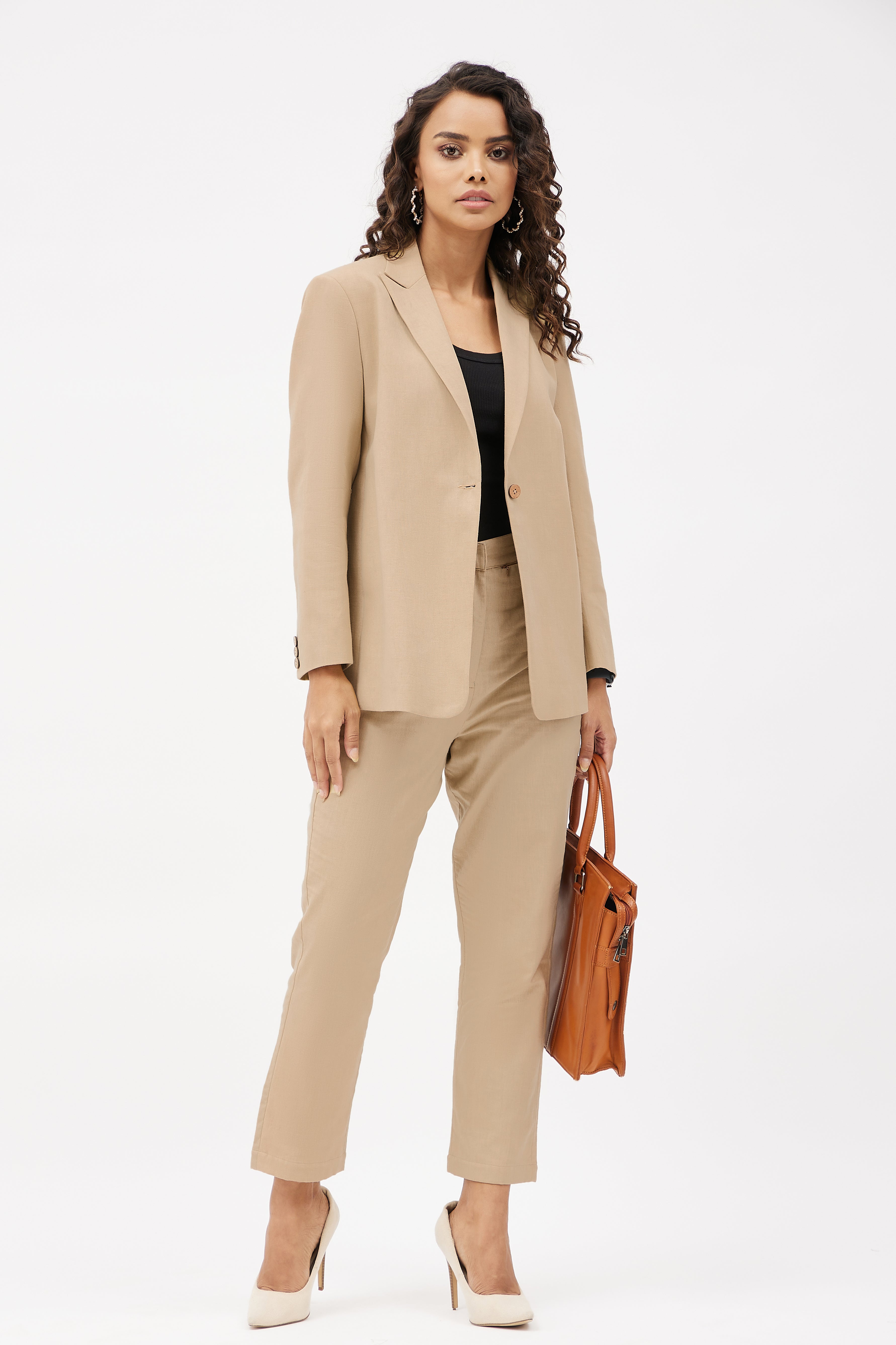 beige trouser suit