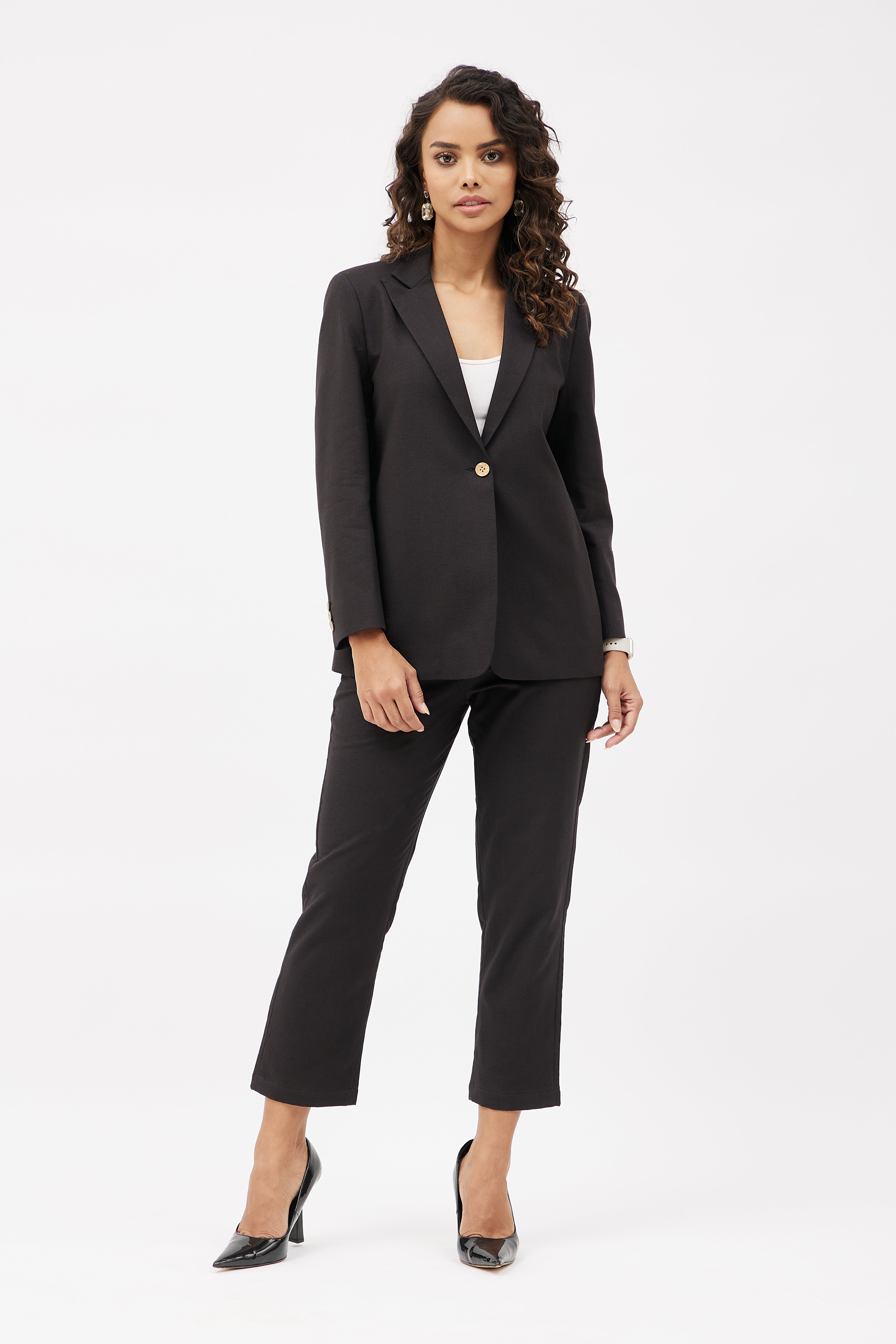 Classic Work Blazer Trouser Women's Linen Pant Suit Set Black