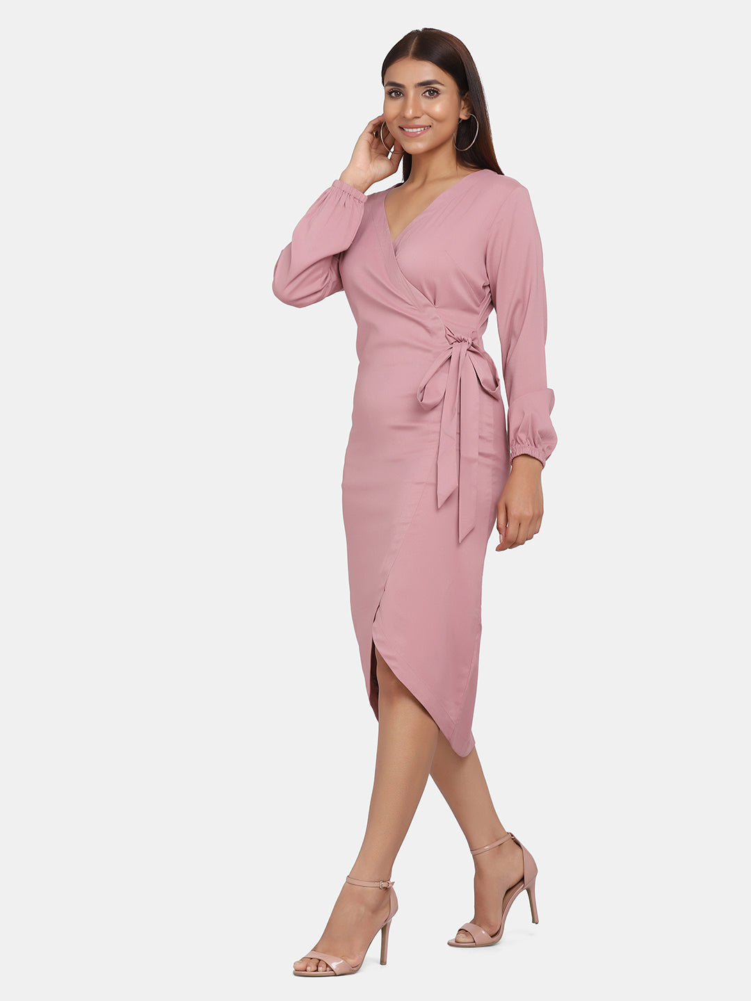 V-Neck Wrap Around Stretch Evening Dress Blush Pink