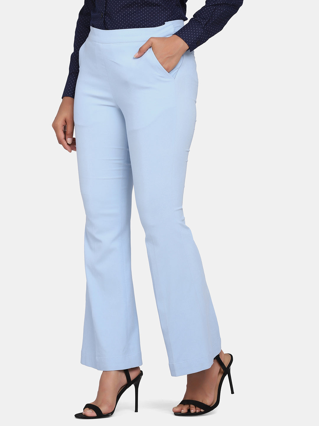 Sky Blue Bell Bottom Stretch Trousers For Women - Main Image