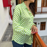 Green & White Geometric Stripes Print Satin Shirt for Women