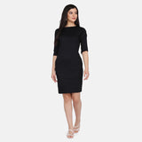 Black Cotton Stretch Knee Length Sheath Dress