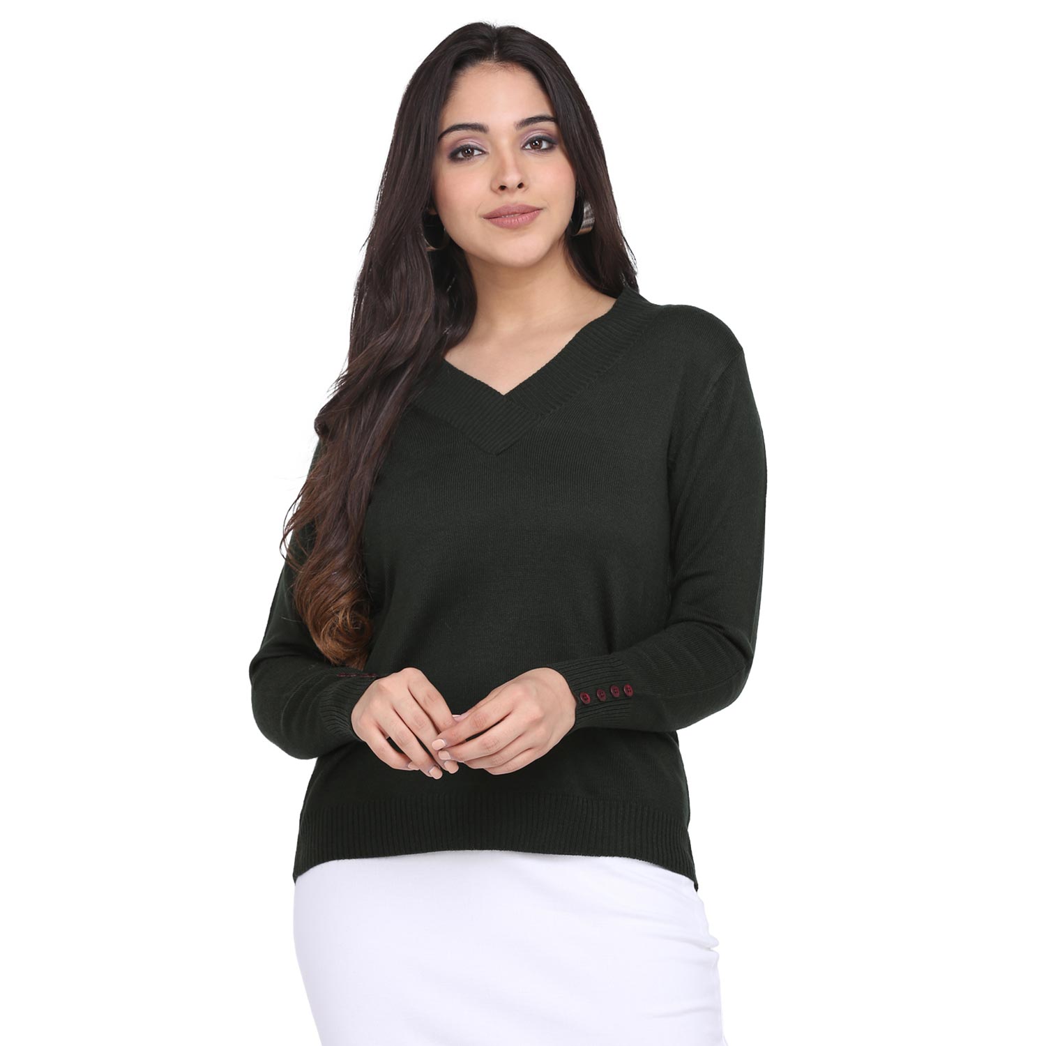 Women's Bottle Green V neck Cotton Pullover M Green