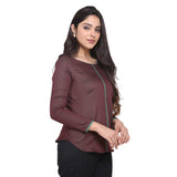 Brown Full Sleeves Cotton Top With Green Piping Details 