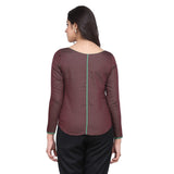 Brown Full Sleeves Cotton Top With Green Piping Details 