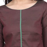 Brown Full Sleeves Cotton Top With Green Piping Details 