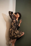 Floral printed women's evening black and gold dress