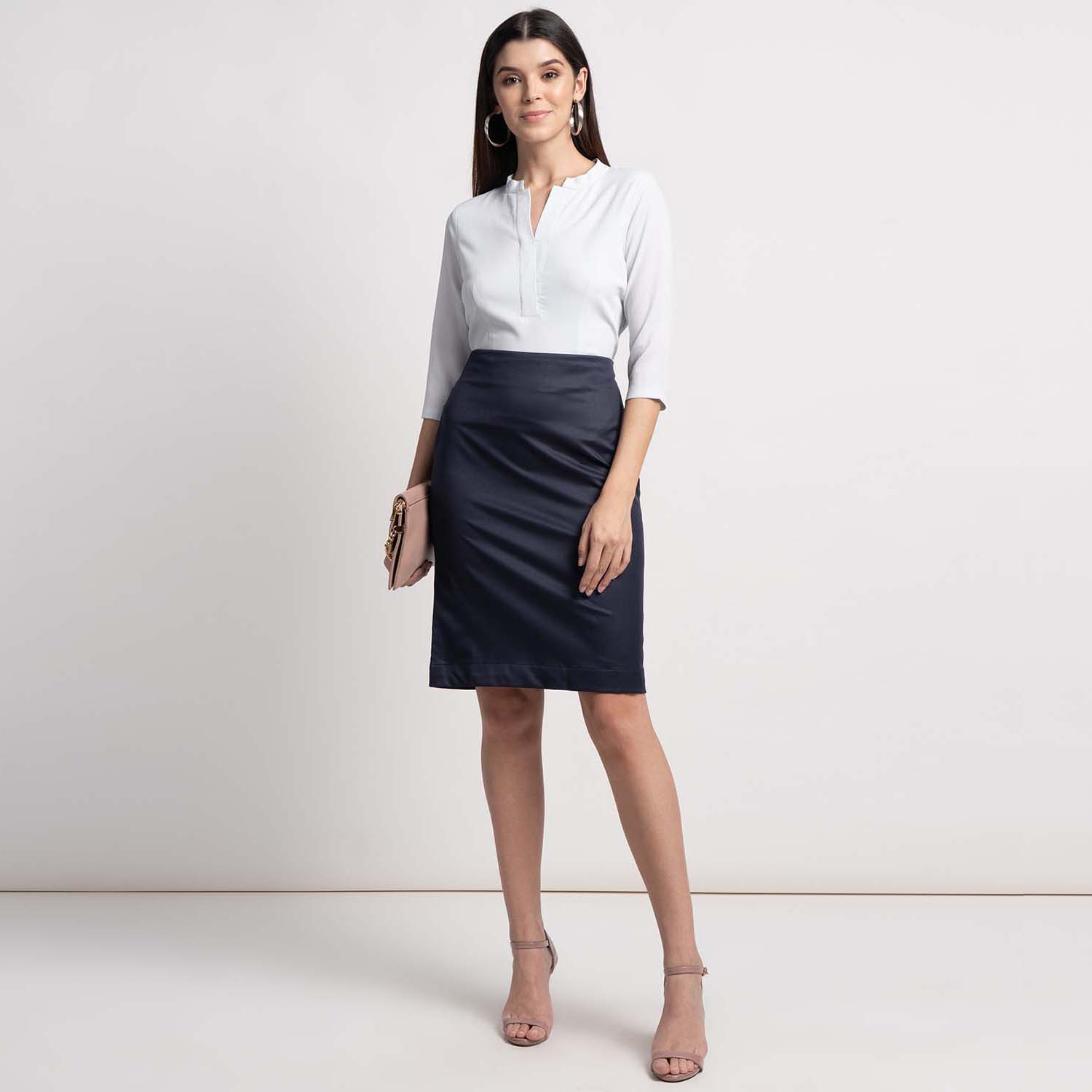 Women's Office wear Navy Blue Poly Cotton Straight Skirt XXS Blue
