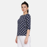 Navy Blue and White  Printed American Crepe Women's Top