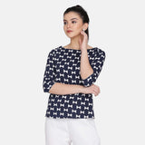 Navy Blue and White  Printed American Crepe Women's Top