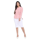 Peach Cotton Checkered Mandarin Collar Top