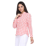 Peach Cotton Checkered Mandarin Collar Top