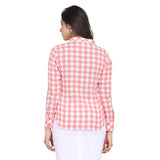 Peach Cotton Checkered Mandarin Collar Top