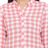 Peach Cotton Checkered Mandarin Collar Top