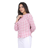 Pink Cotton Checkered Mandarin Collar Top 