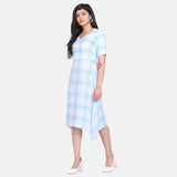 Sky Blue and white Checkered Rayon A Line Women's Dress