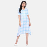 Sky Blue and white Checkered Rayon A Line Women's Dress