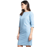 Sky Blue Windowpane Check Poly Cotton Sheath Dress
