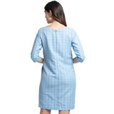 Sky Blue Windowpane Check Poly Cotton Sheath Dress