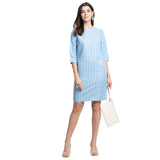 Sky Blue Windowpane Check Poly Cotton Sheath Dress