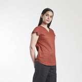 Women's V Neck Scalloped Detailed Cotton Top - Brick Red 