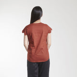 Women's V Neck Scalloped Detailed Cotton Top - Brick Red 