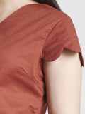 Women's V Neck Scalloped Detailed Cotton Top - Brick Red 
