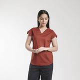 Women's V Neck Scalloped Detailed Cotton Top - Brick Red 