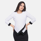 White Geometric Pattern Patch Detail Cotton Top for Ladies