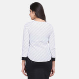 White Geometric Pattern Patch Detail Cotton Top for Ladies