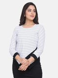 White Geometric Pattern Patch Detail Cotton Top for Ladies